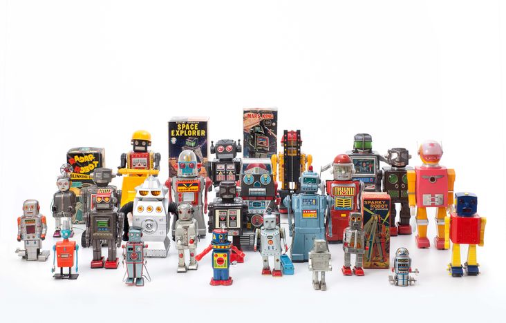 Verschiedene Hersteller, historische Spielzeugroboter, 1956–1980